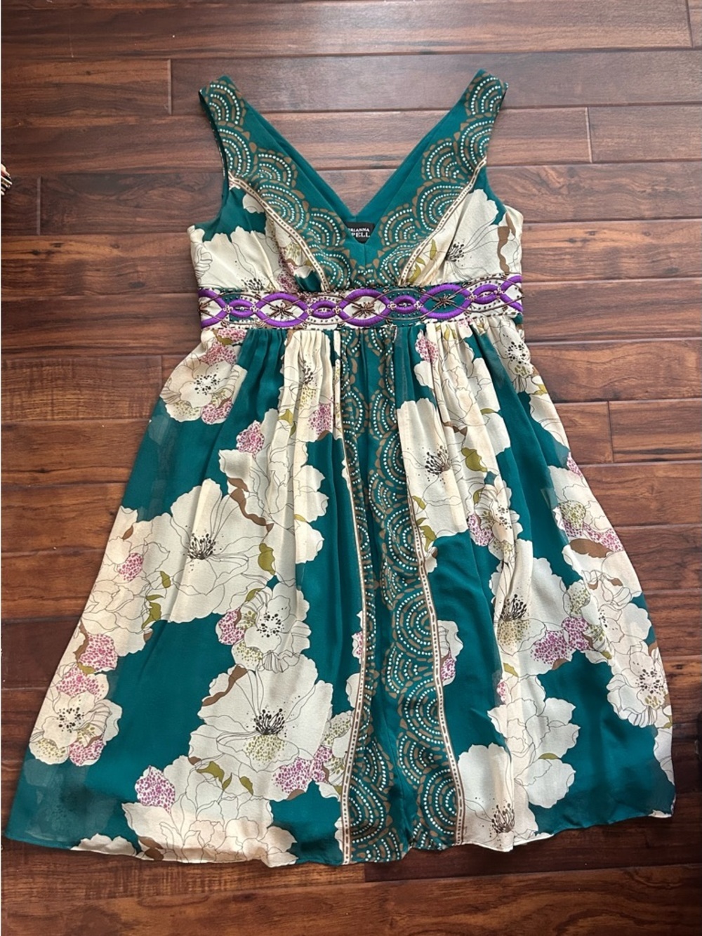 Adrianna Papell Teal Floral V-Neck Dress with Purple Embellished Waist